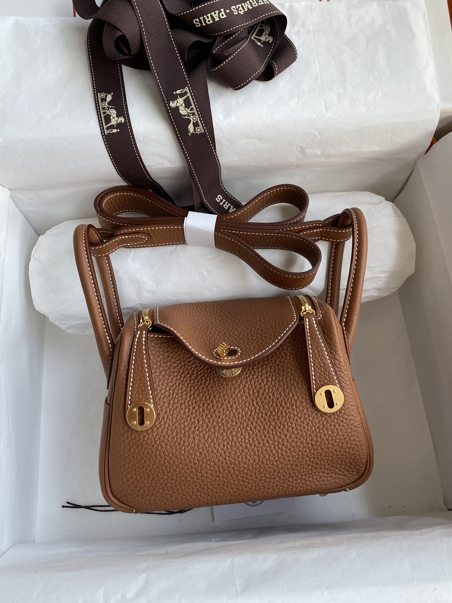 Hermes Mini Lindy 19cm Handbag Shoulder Bag In Brown Clemence Leather